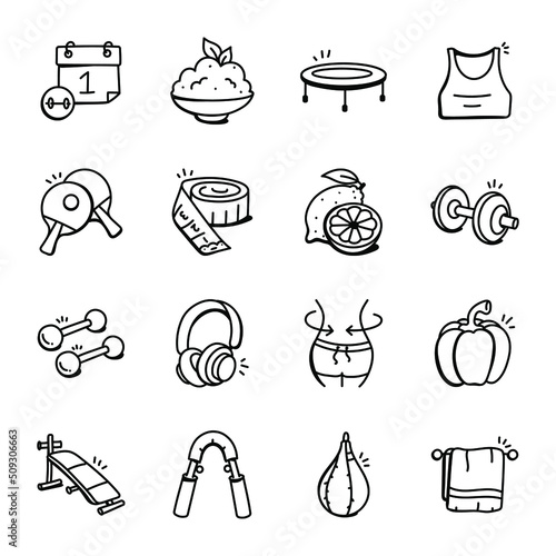 Fitness Accessories Hand Drawn Icons 