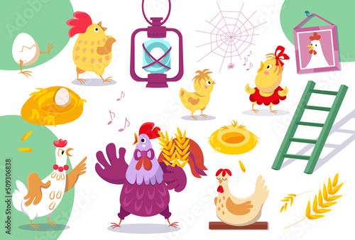 Chicken family. Cute rooster and hen in chicken coop. Vector color illustrations on white background. Icons for design of posters, books, puzzles.