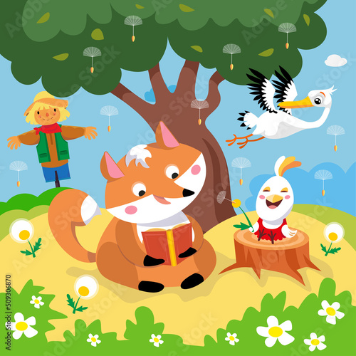 Fox read book, chicken blow on dandelion. Vector color illustration. Picture for design of posters, books, puzzles. 