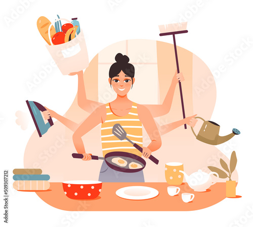 Multitasking, personal productivity. Multitasking housewife, busy cleaning and cooking. A busy girl who has a lot of hands to do multiple tasks at the same time. Flat vector illustration

