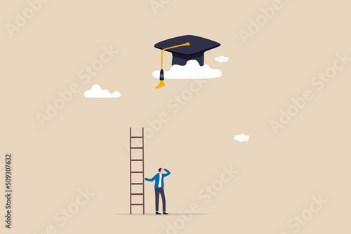 Education cost, expensive school or university cost, education gap or scholarship opportunity concept, poor man with too short ladder to climb to reach high graduated mortarboard on the cloud.