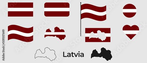 Flag of Latvia. Silhouette of Latvia. National symbol. Square, round and heart shape. The symbol of the Latvia flag. photo