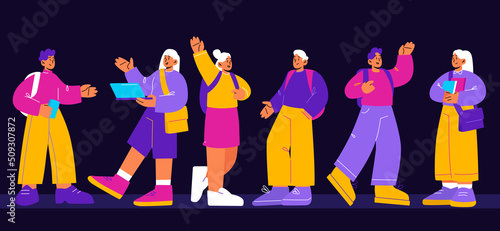 Students with books and gadgets. School, college or university girls and boys teenagers communicate, chat, work on laptop, prepare for exams. Classmates studying, Line art flat vector illustration