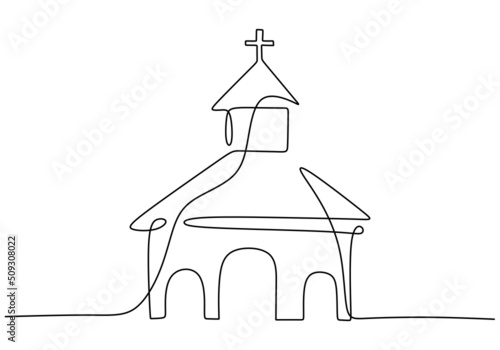 One continuous single line of church isolated on white background.