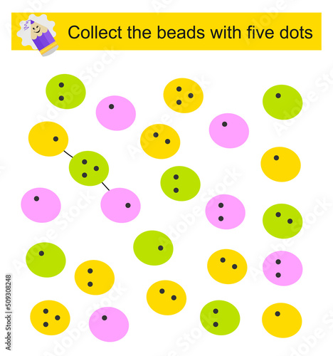 Puzzle game. Logical thinking training. Collect the beads with five dots. Isolated vector illustration.