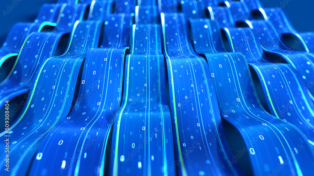 Fototapeta premium Big Data Cyber Strings. 3D illustration of wavy lines in information code field. Data flow cyber concept. Coding and technology