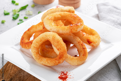 Deep-fried onion rings on a white plate with seasonings, close up