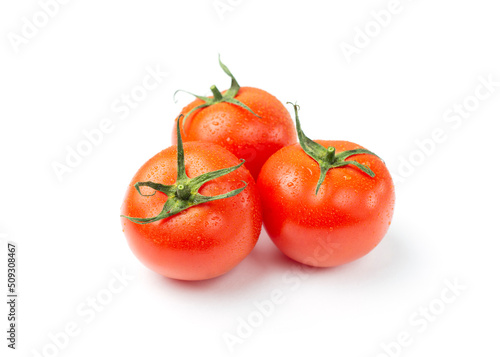 Three red tomatoes with water drops isolated on a white background.