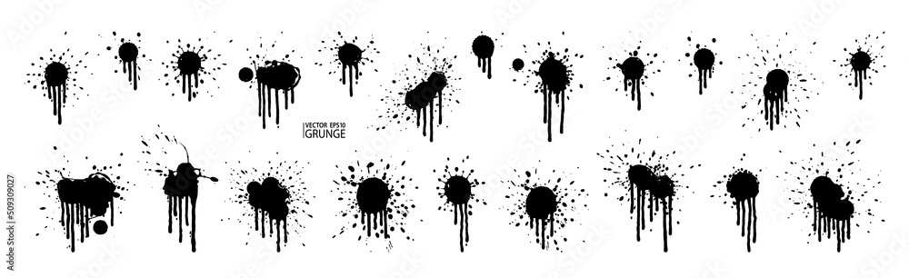 Grunge stains with paint drops. Grunge splatter set. Water flow. Ink splash. Liquid dripping collection. Acrylic. Dirty spot. Grunge splatter set. Paint splashes. - obrazy, fototapety, plakaty 
