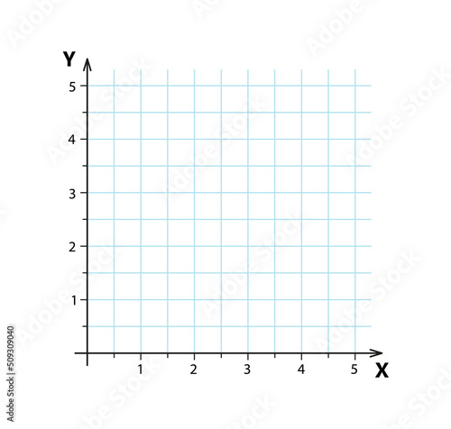 Blank cartesian coordinate system in two dimensions. Rectangular orthogonal coordinate plane with axes X and Y on squared grid. Math scale template. Vector illustration isolated on white background.