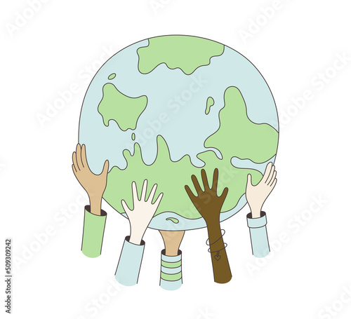 Children hands holding globe. Happy Earth Day. World Children day hand drawn card. Doodle multicultural kids hands holding Earth. Peace concept. Vector illustration isolated on white background.