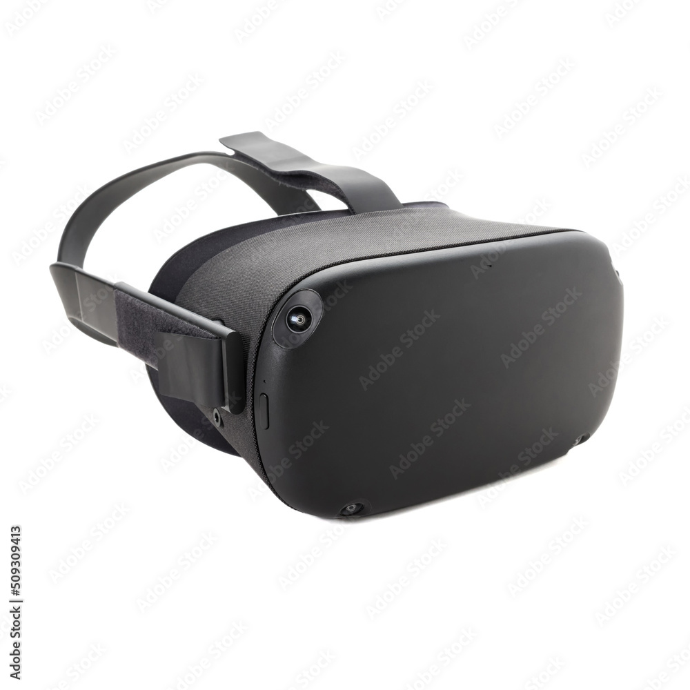 Modern VR glasses with four cameras on the edges isolated on a white background. Side view. Virtual reality helmet for gaming, entertainment and learning. Modern VR glasses with four cameras on the edges isolated on a white background. Side view. Virtual reality helmet for gaming, entertainment and learning.