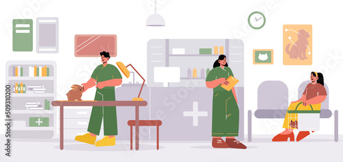 Vet clinic doctors working and caring of pets. Woman owner with cat in cage waiting appointment in veterinary hospital sit on chair, animal health care and medicine, Line art flat vector illustration
