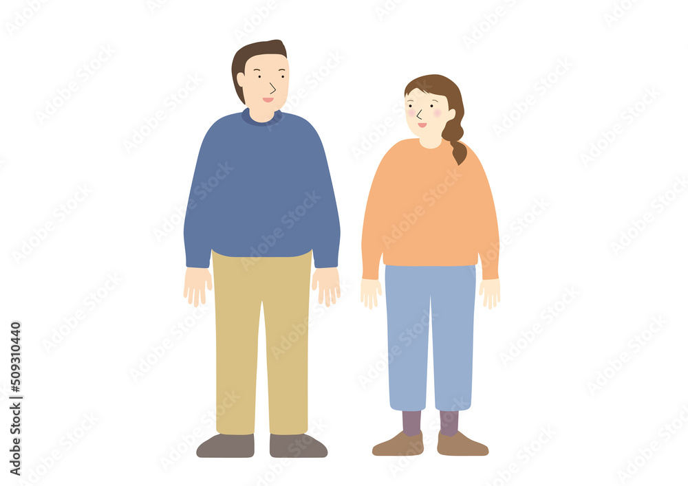 見つめ合って立つ若い夫婦 見つめ合って立つ若い夫婦