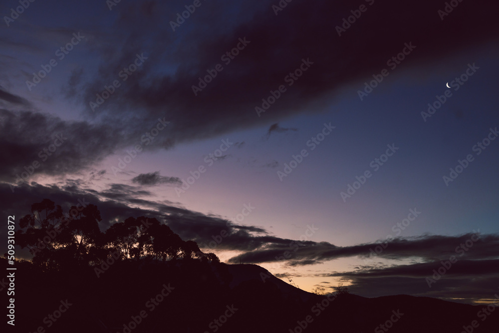 purple sunset over the mountains with crescent moon and eucalyptus gum trees silhouettes