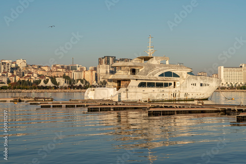 View of yacht and yacht beach or harbor taken from opposite angle with selective focus.
