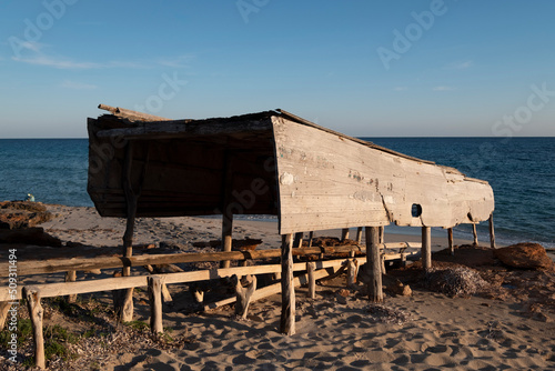 Fotobehang Ca Marí boathouse huts, Migjorn, Formentera, Pitiusas Islands, Balearic Communit