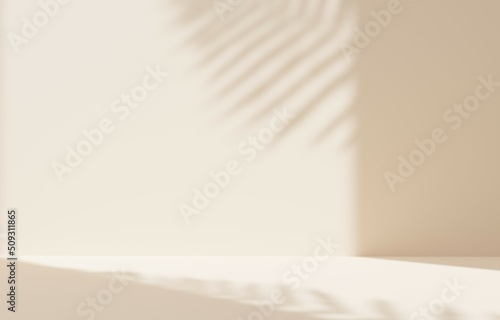 realistic 3D rendering of the interior in beige color with a shadow from a fern. Concept. Mockup for product presentation.