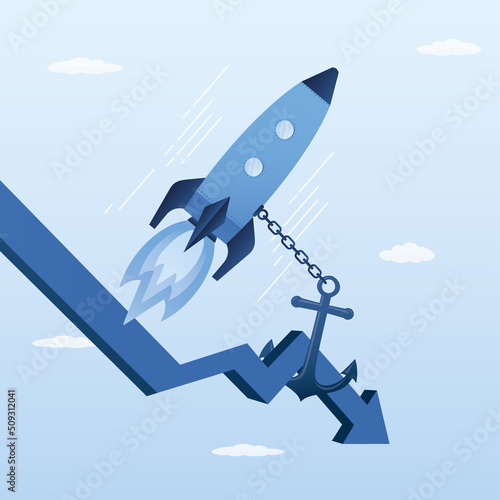 Rocket taking off is chained to anchor holding onto falling chart. Economic crisis prevents successful launch of business project. Failed startup. No profit, business failure.