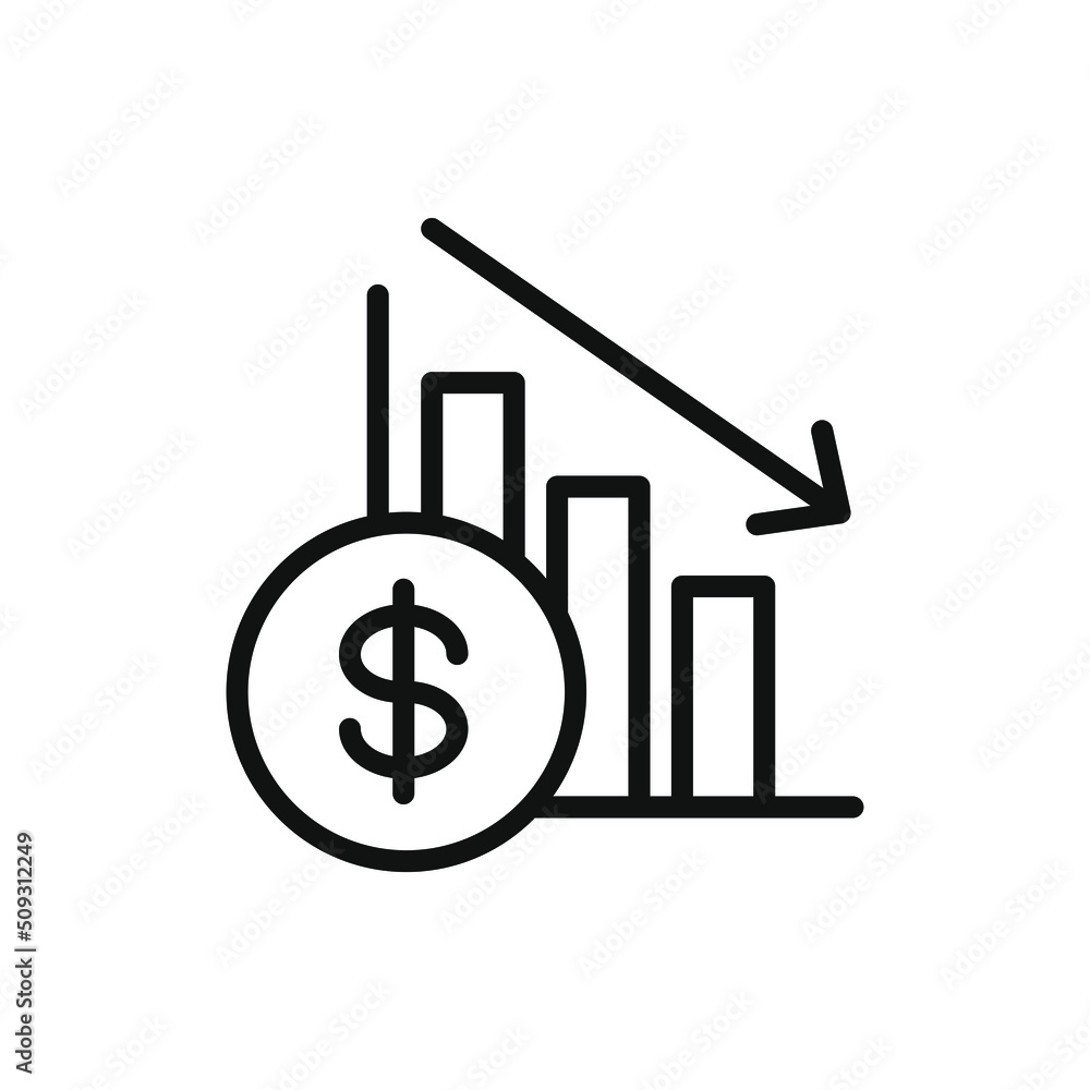 Dollar value crashed. Currency crisis. Financial decrease, inflation icon line style isolated on white background. Vector illustration Dollar value crashed. Currency crisis. Financial decrease, inflation icon line style isolated on white background. Vector illustration