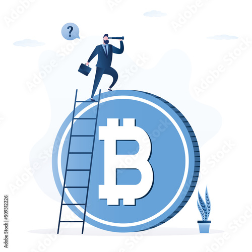 Bitcoin, blockchain technology forecast or vision, growth or falling rate ahead. Look to see future concept. Businessman  climb up ladder on cryptocurrency look on telescope for vision.