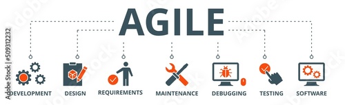 Agile banner web icon vector illustration concept with icon of development, design, requirements, maintenance, debugging, testing and software