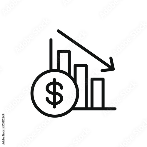 Dollar value crashed. Currency crisis. Financial decrease, inflation icon line style isolated on white background. Vector illustration