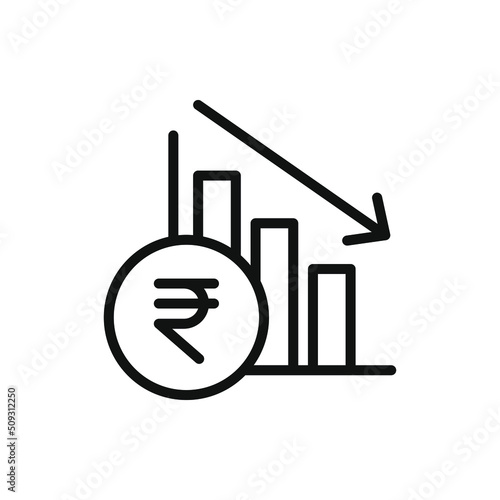 Rupee value crashed. Currency crisis. Financial decrease, inflation icon line style isolated on white background. Vector illustration