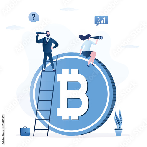 Bitcoin, blockchain technology forecast or vision, growth or falling rate ahead. Group of investors climb up ladder on cryptocurrency look on telescopes for search various ways.