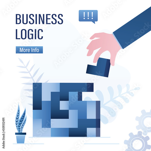 Business logic, concept. Entrepreneur collects a complex puzzle from different cubes. New project management. Confident manager successfully solves business problems. Hand give last cube.