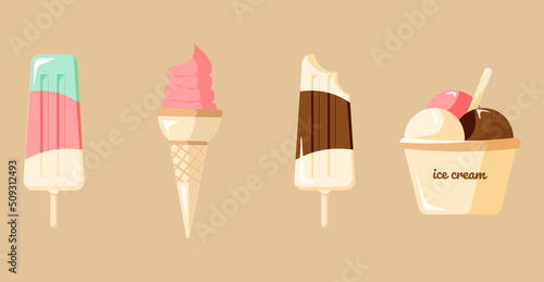 A set of ice cream icons. Four kinds of ice cream in the set. Strawberry ice cream in a cone. Chocolate dessert in balls and on a stick. 