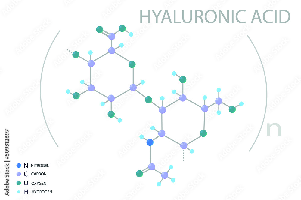 Hyaluronic acid molecular skeletal 3D chemical formula. Hyaluronic acid molecular skeletal 3D chemical formula.