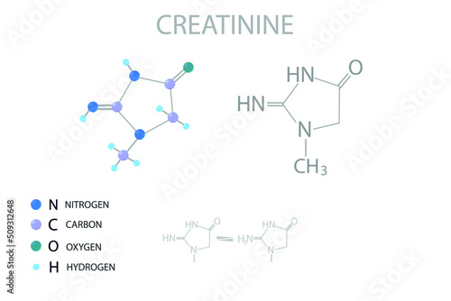 Creatinine molecular skeletal 3D chemical formula.	