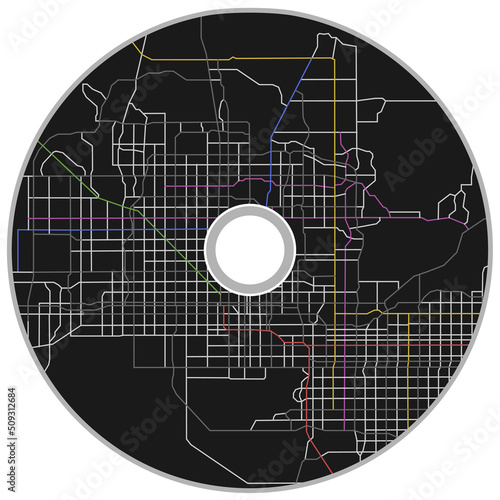 Printing to CD, design template. Line city map of the scheme of road.  Cover art with town streets on the plan. DVD rom isolated on white background. Vector mockup 