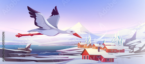 White stork cartoon beautiful wild bird flying in clear sky over natural winter landscape with mountain snow peaks, lake and cottages stand along shore. Ornithology, wildlife Vector illustration
