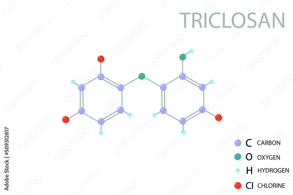 Triclosan molecular skeletal 3D chemical formula. Triclosan molecular skeletal 3D chemical formula.