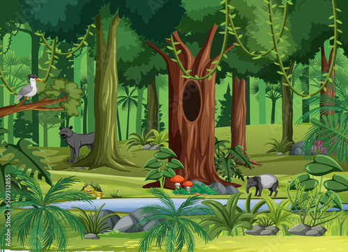 Wild animals in the forest scene