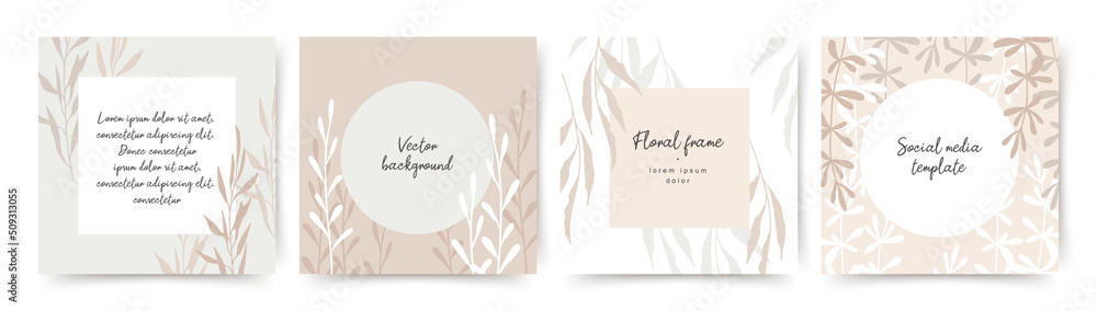 Pastel neutral background with copy space for text and flower elements. Editable vector frame for social media post, banner, card, cover, invitation, poster, mobile apps, web ads, presentation Pastel neutral background with copy space for text and flower elements. Editable vector frame for social media post, banner, card, cover, invitation, poster, mobile apps, web ads, presentation