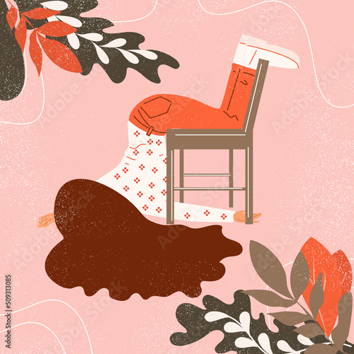 vector Woman illustration laying upset down on chair.