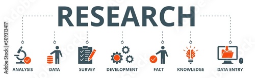 Research banner web icon vector illustration concept with icon of analysis, data, survey, development, fact, knowledge and data entry