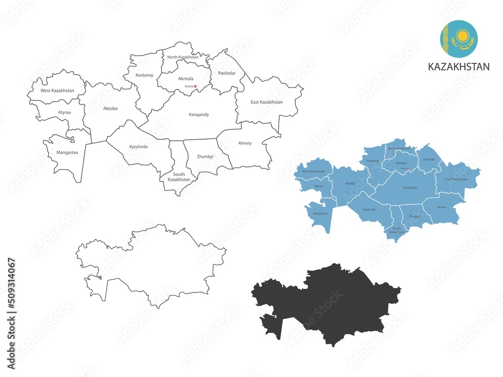 Fototapeta premium 4 style of Kazakhstan map vector illustration have all province and mark the capital city of Kazakhstan. By thin black outline simplicity style and dark shadow style. Isolated on white background.