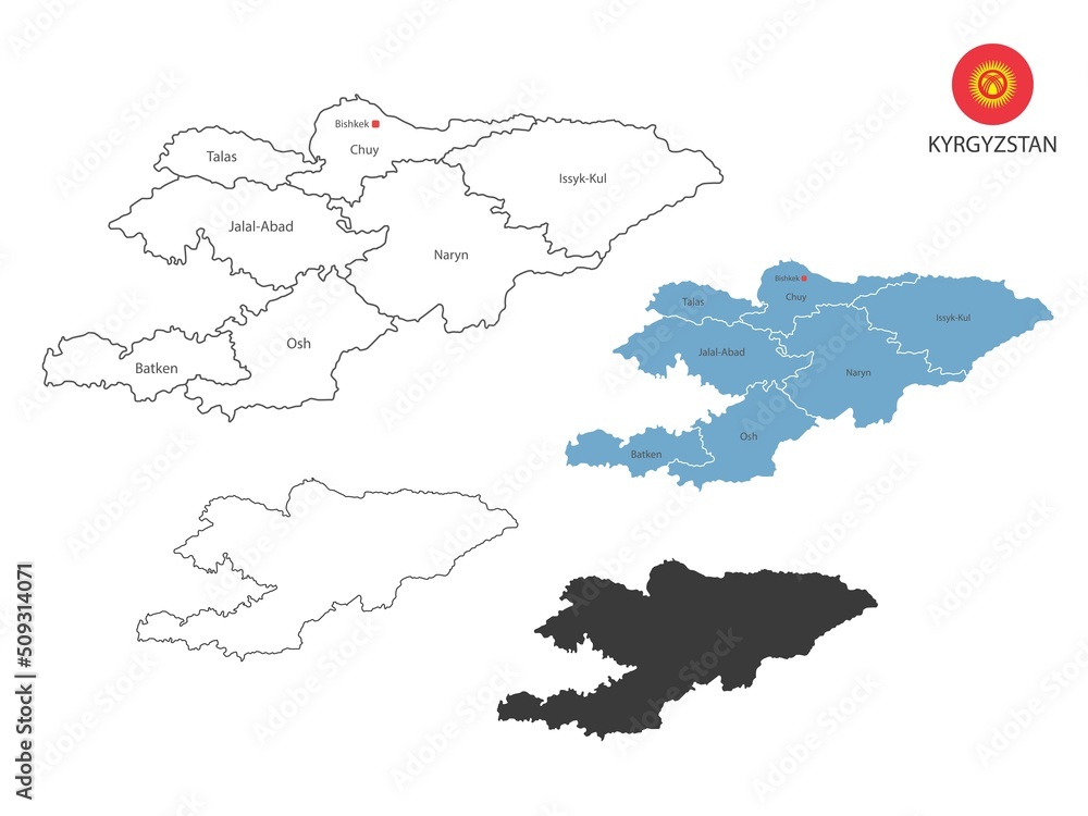 Fototapeta premium 4 style of Kyrgyzstan map vector illustration have all province and mark the capital city of Kyrgyzstan. By thin black outline simplicity style and dark shadow style. Isolated on white background.