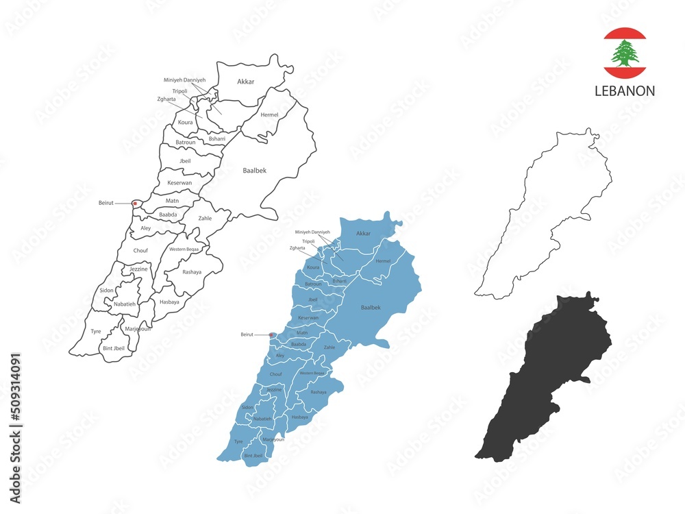 Obraz premium 4 style of Lebanon map vector illustration have all province and mark the capital city of Lebanon. By thin black outline simplicity style and dark shadow style. Isolated on white background.