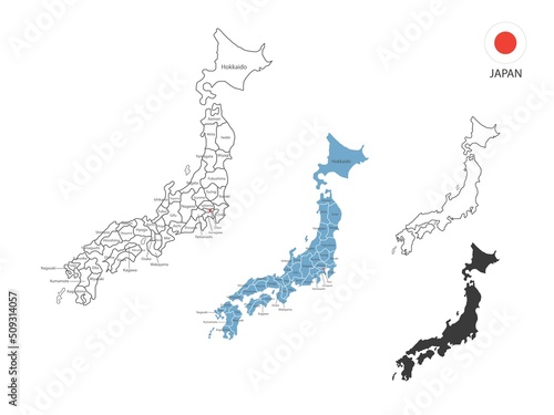 4 style of Japan map vector illustration have all province and mark the capital city of Japan. By thin black outline simplicity style and dark shadow style. Isolated on white background.