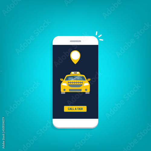 Taxi online service on mobile application with yellow taxicab and location. Get a taxi. Concept for order taxi service.	