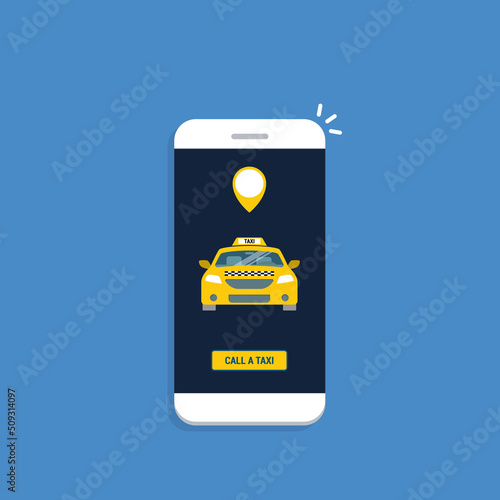 Taxi online service on mobile application with yellow taxicab and location. Get a taxi. Concept for order taxi service.	