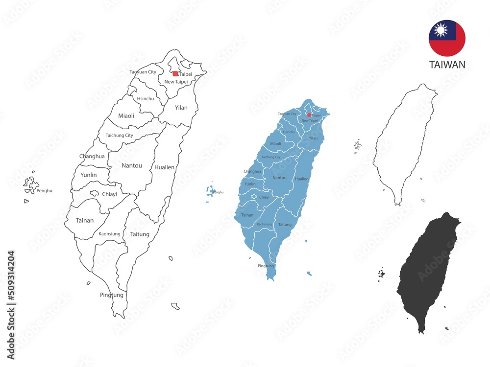 4 style of Taiwan map vector illustration have all province and mark the capital city of Taiwan 