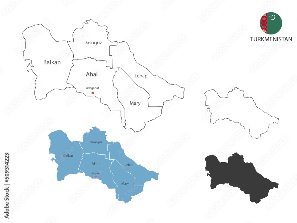 4 style of Turkmenistan map vector illustration have all province and mark the capital city of Turkmenistan. By thin black outline simplicity style and dark shadow style. Isolated on white background.