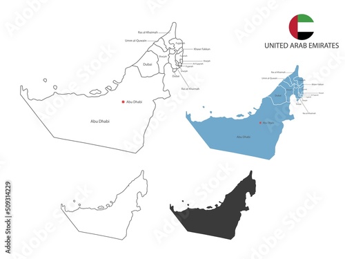4 style of United Arab Emirates map vector illustration have all province and mark the capital city of United Arab Emirates. By thin black outline simplicity style and dark shadow style.
