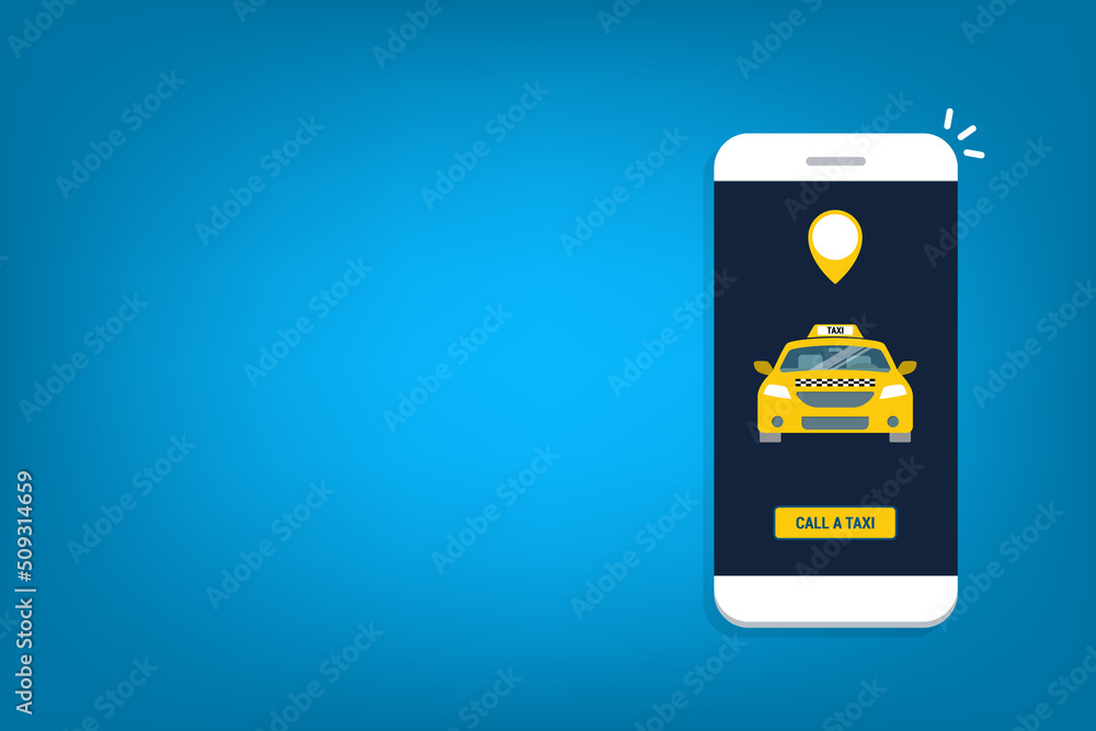 Naklejka premium Taxi online service on mobile application with yellow taxicab and location. Get a taxi. Concept for order taxi service. 